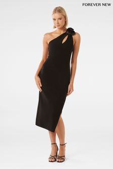 Forever New Black Petal One Shoulder Rosette Midi Dress (920631) | €72