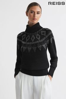 Reiss Black Bella Embellished Fair-Isle Removable Roll Neck Jumper (921382) | AED1,210