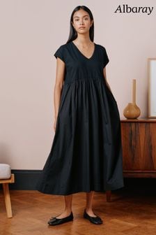 Vestido negro con cuello de pico en mezcla de tejidos de Albaray (921516) | 112 €