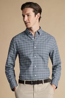 Charles Tyrwhitt Grey Slim Fit Flint Gingham Button-Down Washed Oxford Shirt (921823) | 383 SAR