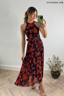 Granatowo-pomarańczowy w motywy kwiatowe - Plisowana sukienka maxi Style Cheat Luisa bez pleców (921935) | 410 zł