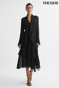Reiss Black Callie Belted Ruffle Midi Dress (922473) | kr4,702