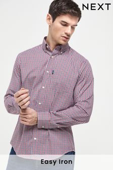 紅色／海軍藍格子棉布 - 標準款剪裁單袖口 - 易燙紐扣牛津襯衫 (923469) | NT$990