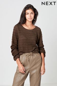 Chocolate Brown Crochet Texture Flute Long Sleeve Jumper Top (924252) | 72 QAR
