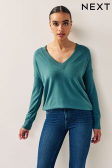 Teal Blue Cosy Lightweight Soft Touch Longline V-Neck Jumper Top (924512) | AED62
