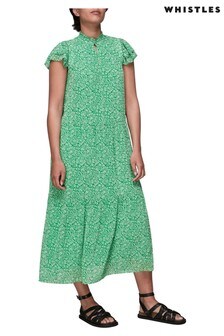 Whistles Green Indo Floral Print Trapeze Midi Dress (924547) | ₪ 485