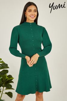 Зеленый - трикотажное платье миди на пуговицах с пышными рукавами Yumi (925220) | €73