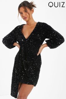 Quiz Black Sequin Mini Dress With Drape Detail (925825) | $132