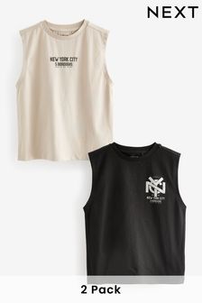Black/Ecru Graphic Tank Vest Tops 2 Pack (3-16yrs) (926209) | OMR5 - OMR8