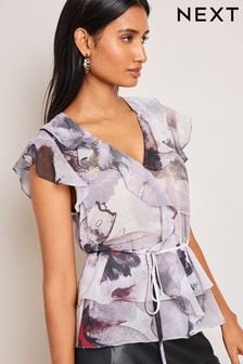 Grey/Black Abstract Print Short Sleeve Ruffle Tie Waist Blouse (927774) | 86 zł