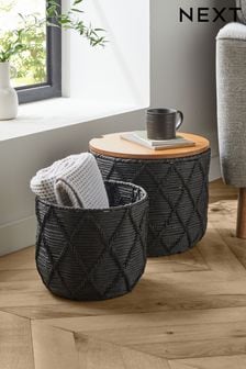 Set of 2 Black and  Wood Lidded Storage Baskets