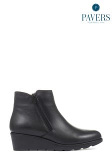 Pavers Black Leather Ladies Wedge Ankle Boots
