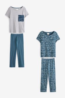 Navy Blue/Grey Marl Script Cotton Blend Pyjamas 2 Pack (928642) | 41 €