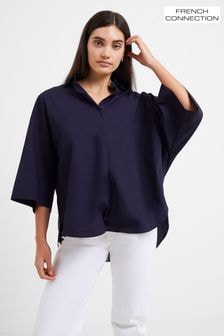 French Connection Navy Blue Rhodes Sust Poplin Short Sleeve Popover Blouse (930098) | $67