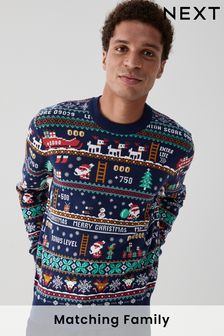 Navy Blue Regular Arcade Game Mens Knitted Christmas Cotton Jumper (930390) | €31
