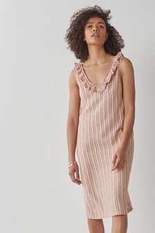 Orange Stripe Linen Mix Ruffle Summer Dress (930838) | $42