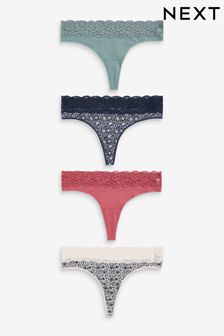 Navy/Cream Floral Print Thong Cotton and Lace Knickers 4 Pack (931156) | OMR6