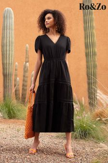 Ro&Zo Black Linen Shirred Waist Midi Dress (931354) | 99 €