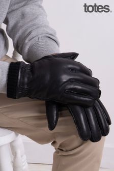 Totes Black Isotoner Mens Premium Leather Gloves With Rib Knit Cuff & Sheepskin Lining (933369) | $69