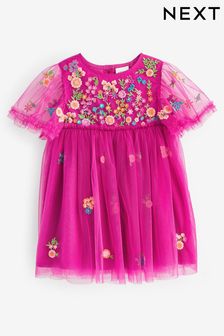 Bright Pink Embroidered Mesh Party Dress (3mths-7yrs) (935025) | $30 - $36