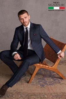 Navy Blue Slim Navy Blue Signature Tollegno Wool Check Suit Jacket (935408) | SGD 264