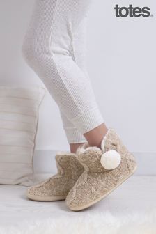 Totes Cable Ladies Boots Slippers With Pom Pom & Faux Fur Lining