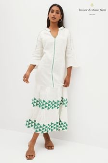 Белое льняное платье миди с зеленой вышивкой (937395) | €135
