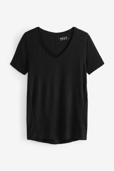 Czarny - Luźna koszulka z dekoltem w szpic (937579) | 33 zł
