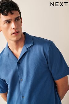 Blue Textured Cuban Collar Button Through Polo Shirt (937966) | €10