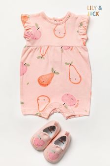 Różowy komplet Lily & Jack z nadrukiem w owoce: rampersy i buty (939280) | 70 zł