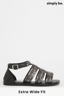 Simply Be Extra Wide Fit Beaded Embellished Flat Black Sandals (939309) | €21.50