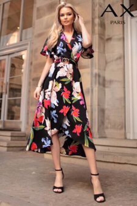 AX Paris Multi Floral Printed Short Sleeve Belted Wrap Black Midi Dress (940411) | 71 €