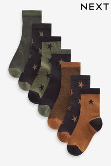 Khaki Green/Tan Brown Star Cotton Rich Socks 7 Pack (944421) | SGD 16 - SGD 20
