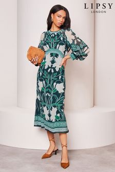 Lipsy Green Placement Print Long Sleeve Midi Dress (944426) | AED285