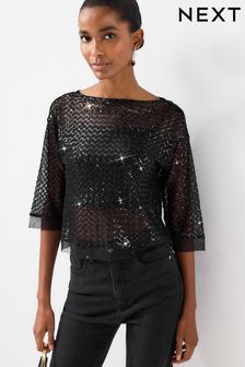 Black Sheer Sequin Embellished Top (946375) | $36
