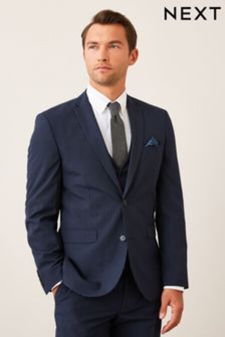 Navy Blue Tailored Wool Mix Textured Suit (947487) | $193
