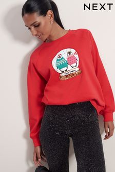 Red Embellished Sequin Penguin Snow Globe Christmas Novelty Sweatshirt (947791) | SGD 53