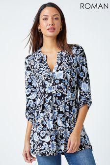 Roman Black Floral Print Pintuck Stretch Top (948688) | €40