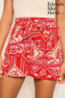 Friends Like These Red Woven Tie Waist Printed Shorts (949889) | $46