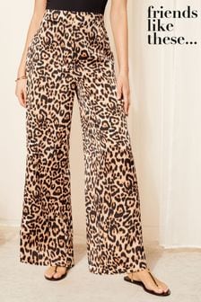 Friends Like These Brown Animal Satin Wide Leg Printed Trousers (950354) | OMR17