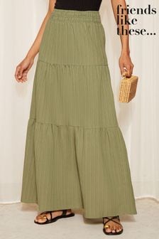 Friends Like These Khaki Green Textured Jersey Boho Style Midi Skirt (950383) | HK$391