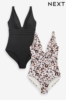 Black/Animal Plunge Tummy Control Swimsuits 2 Pack (951826) | $100