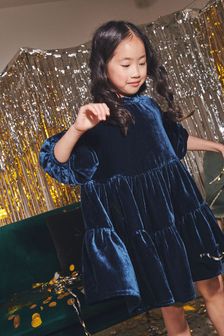 Teal Blue Velvet Tiered Occasion Dress (3-16yrs) (952742) | €25 - €27