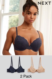 Neutral/Navy Blue Push Up Pad Plunge Lace Bras 2 Pack (953264) | $46