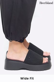 River Island Black Wide Fit Knitted Mule Flatform Sandals (953348) | 160 zł