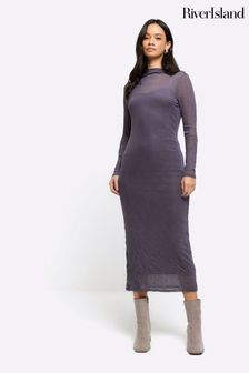 River Island Grey Long sleeve Column Mesh Midaxi Dress (953560) | OMR23