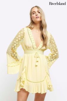 River Island Yellow Angel Sleeve Frill Mini Dress (953648) | €64