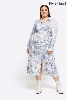 River Island Blue Curve Printed Shirt Midi Dress (953859) | OMR21