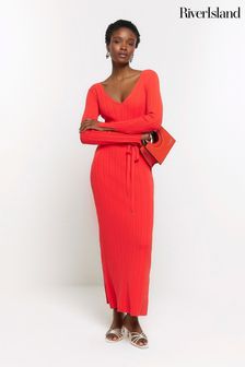 River Island Red Ribbed Belted Maxi Dress (954004) | €64