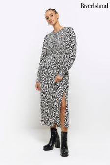 River Island Black Shirred Bodice Midi Dress (954041) | OMR23